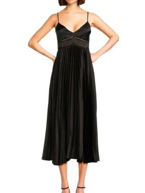 Spring + Mercer Satin Black Pleated Midi Slip Dress